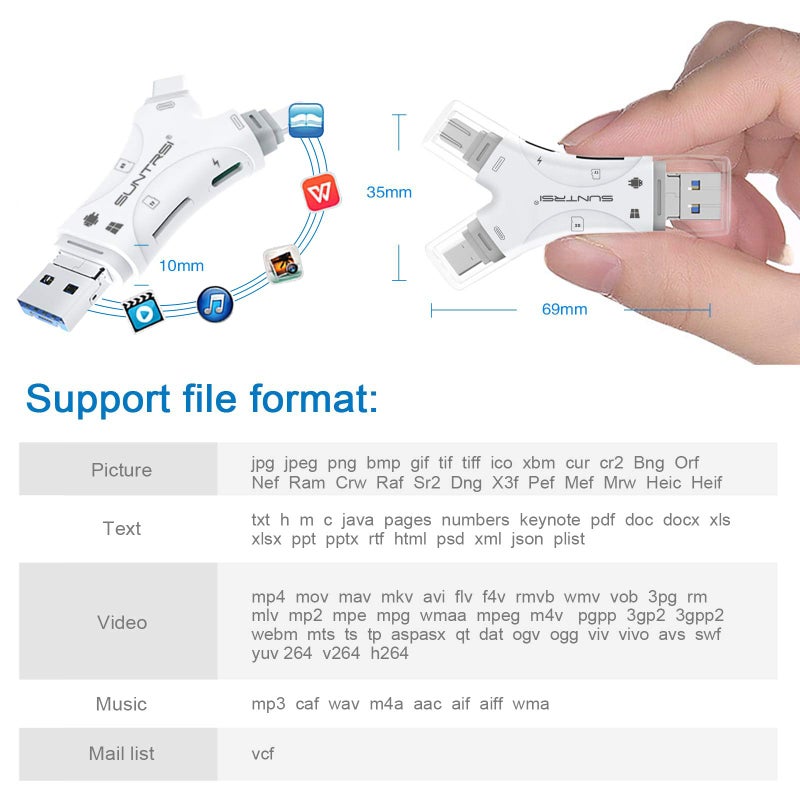 SUNTRSI SD Card Reader for iPhone/ipad/Android/Mac/Computer/Camera,4 in1 Micro SD Card Reader Trail Camera Viewer, Portable Memory Card Reader SD Card Adapter for SD and TF Cards(White) - Image 4